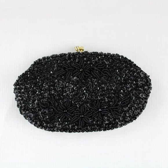 Vintage Black Beaded Purse Kiss Clasp Pouch Purse Frame Serpent Chain Gold PU30 - Picture 3 of 11